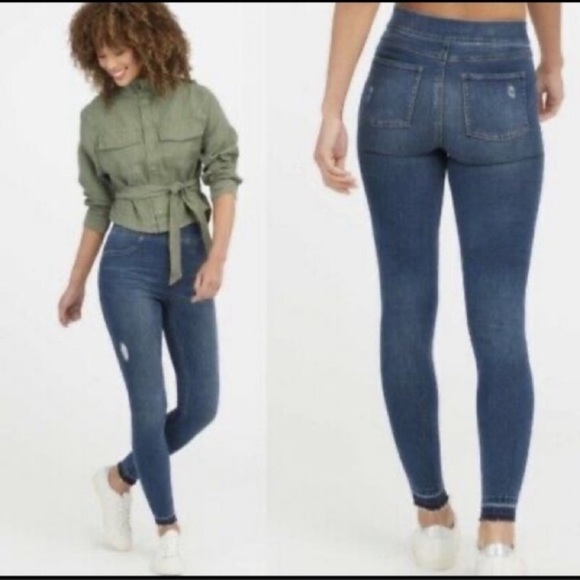 Spanx Distressed Ankle Elastic Stretch Waist Skinny Blue Jeans Jeggings Small - Picture 6 of 7